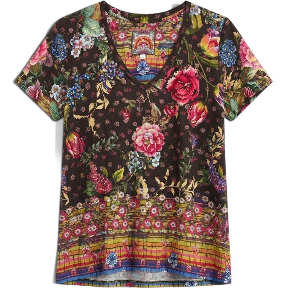 Johnny Was Tee Womens L J17721-5 Black Floral Bamboo V-Neck EUC